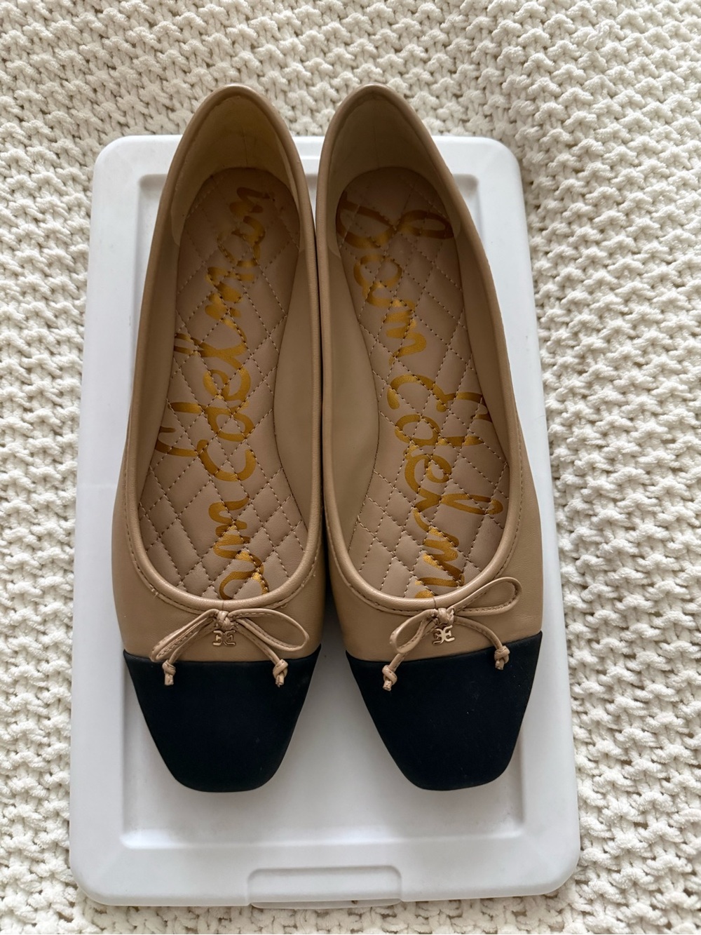 Sam Edelman Two-Tone Beige and Black Square-Toe Ballet Flats